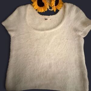 SO White Fuzzy Knit Crewneck Top